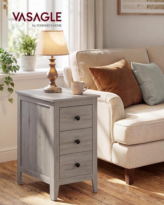 VASAGLE Side End Table with 3 Storage Drawers, Nightstand Farmhouse | Narrow Bedside Table for Living Room, Bedroom, Home Office, Washed Gray, LIRY Collection ULET132G101S