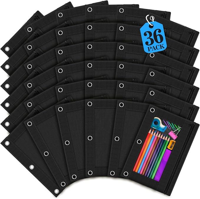 3 Ring Binder Pencil Pouch, 36 Pack Bulk Black Zipper Pencil Cases with Clear Window, Cloth Binder Pouches with 3 Holes, Durable Pencil Bags for Classroom School Office Supplies (Color of Black)