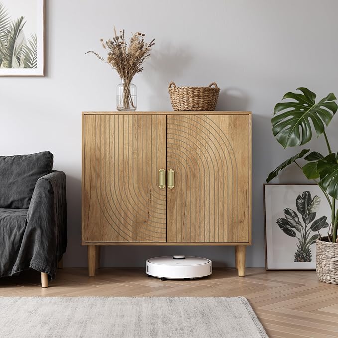 Smuxee Oak Sideboard Cabinet, Freestanding Buffet Cabinet with Line Groove Design, Wood Storage Cabinet with Adjustable Shelf for Living Room, Entryway, Hallway