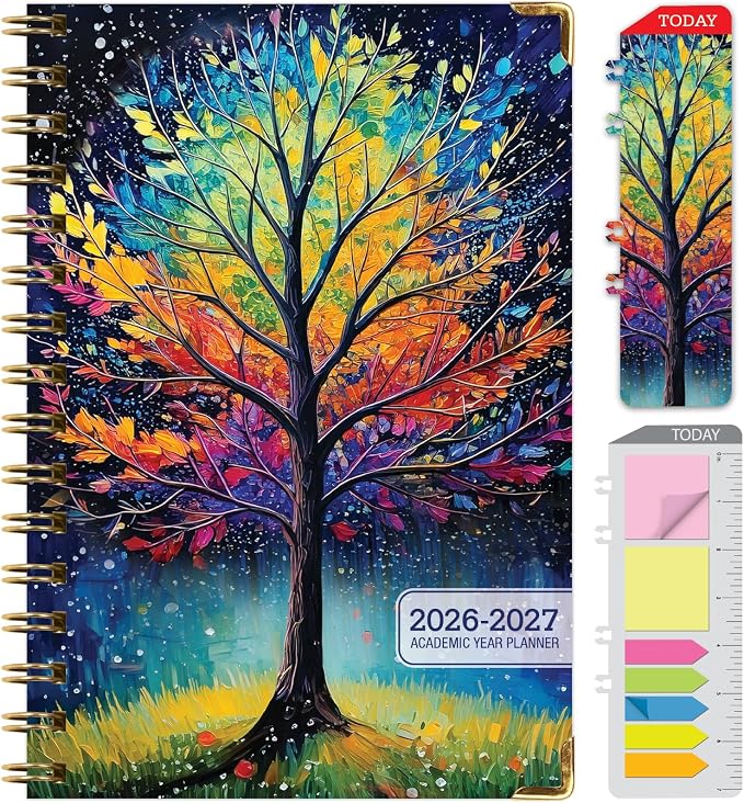 HARDCOVER Academic Year 2026-2027 Planner: 14 Months (May 2026 Through June 2027) 5.5"x 8" Daily Weekly Monthly Planner Yearly Agenda. Bookmark, Pocket Folder and Sticky Note Set (Black Tree Seasons)