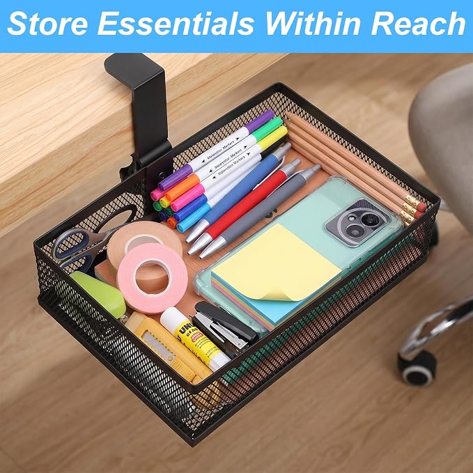 Under Desk Storage Organizer 360 Degree Rotating Under Drawer with Large Mesh Basket Clamp on Desk Drawer for Office Home Workspace Black
