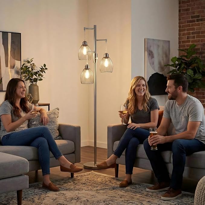 Dimmable Floor Lamp, Industrial Floor Lamps for Living Room, Brushed Nickel Tree Lamp Standing Lamp Tall Lamps with 3 Elegant Teardrop Cage Head & 800 Lumens LED Bulbs for Living Room Bedroom Office