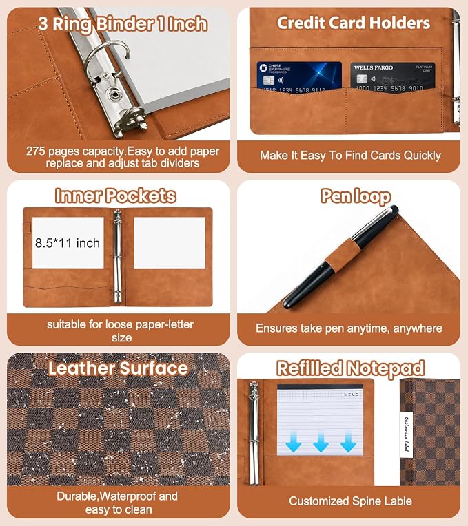 Grid Leather 3 Ring Binder 1 Inch, with Clipboard Notepad&5 Dividers with Pockets, Labels,PU Clipboards for School Office(Brown,Letter Size)