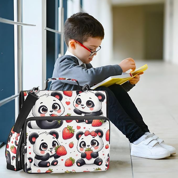 3 Ring Zipper Binder with Shoulder Strap Panda Red Strawberry 1.5 inch Binders Keeper Large Capacity Multi Pockets for School Office Supplies