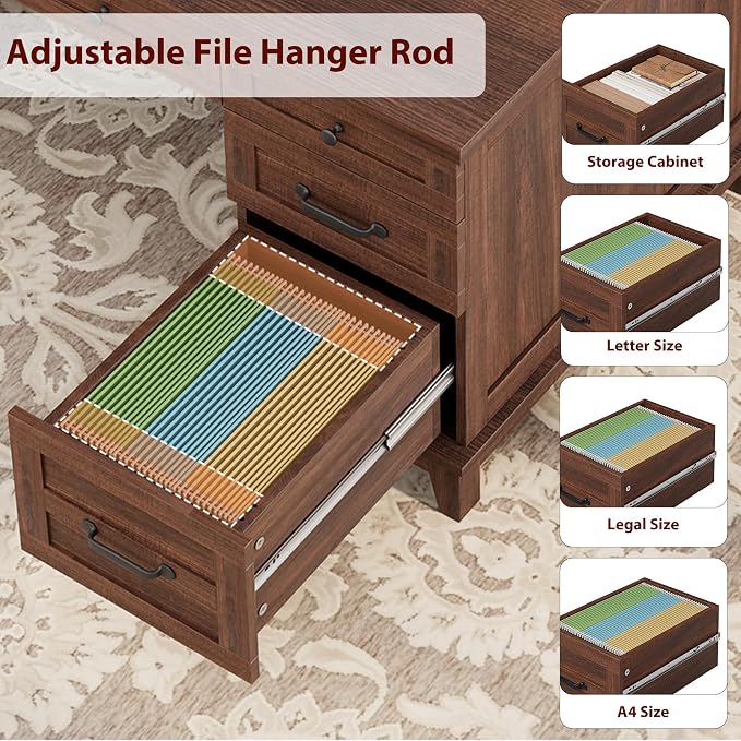IDEALHOUSE Farmhouse Executive Desk 60 Inch, Wooden Home Office Desk with Adjustable Storage Cabinet, Built-in Charging Port, File Cabinet for Writing & Study, Elegant Workstation, Retro Brown