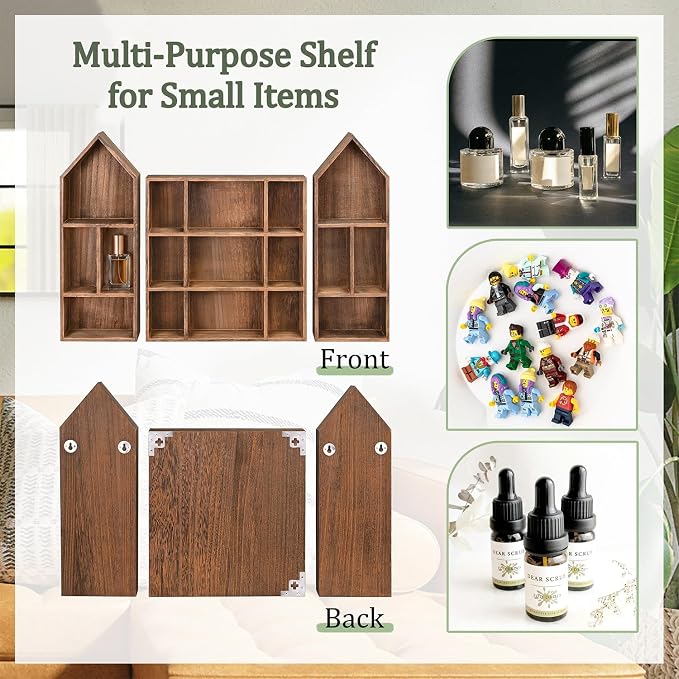 Ikee Design 3-Pc Wooden Shadow Box Shelf for Collectibles | 17 compartments Wooden Shadow Cubby Box Display Shelf Organizer Storage Shadow Box for Collectibles, Figures, Black