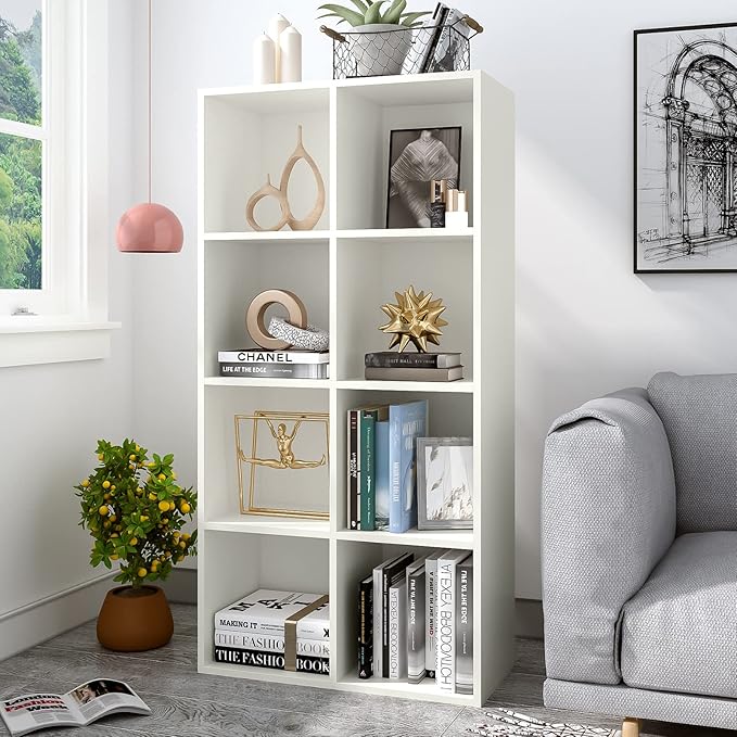 8-Cube Storage Shelf Bookcase, Warm White | Wooden 4-Tier Open Bookshelf, Fits 11×11" Bins, Vertical or Horizontal Use, Full Back Panels, For Home Office