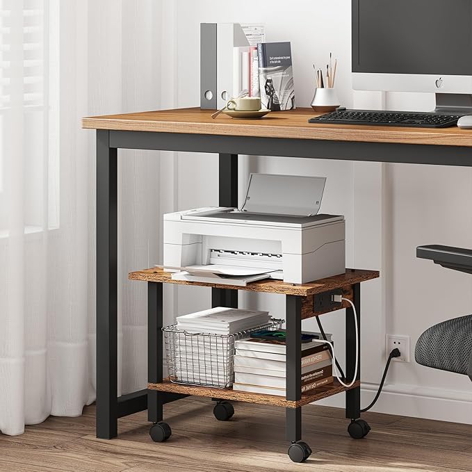 TUTOTAK Printer Stand, 2 Tier Rolling Printer Cart with Charging Station | Small Under Desk Printer Table with Wheels for Small Space, Office, Home, Brown PS01BB001P