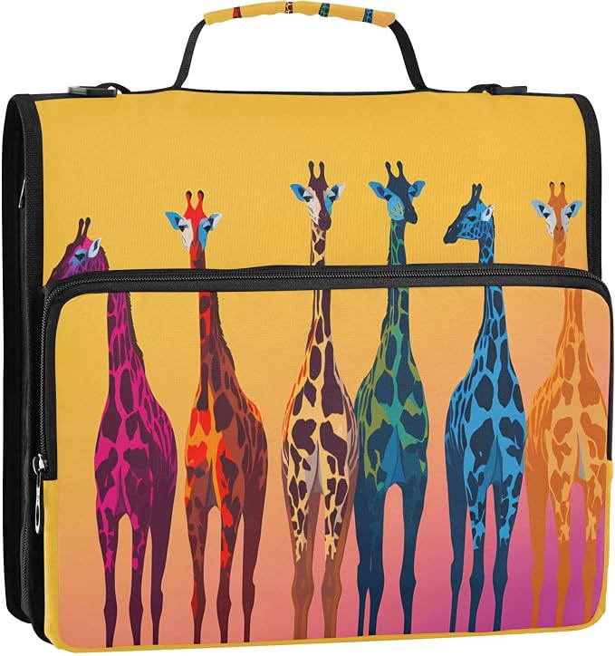 MNSRUU 3 Ring Binder Bag, 2 Inch D-Rings Easily Organizes 1 Inch Fits Letter Sized Paper, Funny Giraffe Large 3 Hole Zipper Binder Organizer for School Office Supplies
