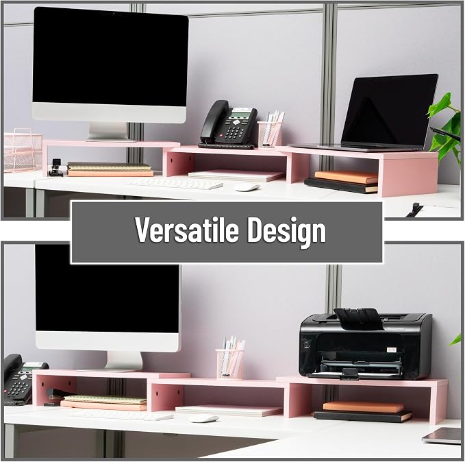 Mind Reader Dual Monitor Stand, Desktop Organizer, Laptop Riser, Office, MDF, 51.25"L x 9.25"W x 4.75"H, Pink