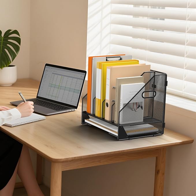 4 Vertical Mesh Desk Organizer with Paper Letter Tray, Black | Sorting racks with lower letter tray section. Multipurpose mesh desktop space saver for home office and school