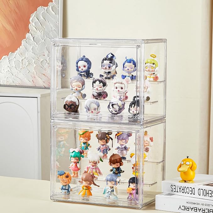 Acrylic Display Case for Collectibles, 3 Tier Figure Display Box | Clear Stackable Display Case with Magnetic Door, Interlocking Design, 2 Movable Plates, Small Easy Assembly Showcase