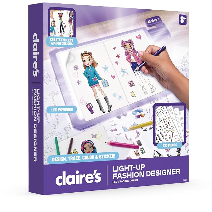 Claire’s Light-Up Fashion Designer LED Tracing Tablet - 330-Piece Arts & Crafts Kit| Fashion Templates, Stickers, Colored Pencils & Paper| Kids Coloring & Drawing Board Activity| Girls Toy Gift|Age 8+
