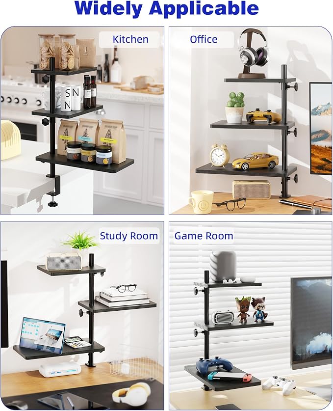 3 Tiers Clamp On Desk Shelf, 360° Angle Adjustable Desktop Shelf Organizer for Home Office Gaming Room, No Drill Desk Extender Adapt to 0.4-2.16 inches Table Thick, Black Brown