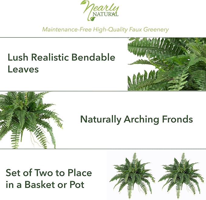 Nearly Natural 40 in Artificial Boston Fern Indoor Plant (Set of 2) | Large Hanging Fake Plant, 56 Long Realistic Fronds, Maintenance-Free, Office and Home Decor