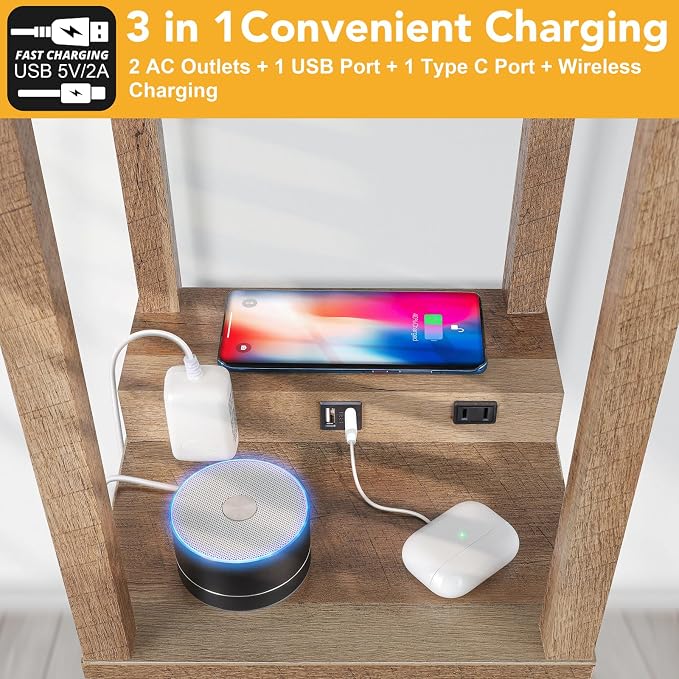 Shelf Floor Lamp with Wireless Charger, USB, Type C, AC Port, Wood | Fast Charging USB Ports & Type C Port & 2 Power Outlets, 3 Tier Storage Shelf Lamp, E26 Base, 60W Max(Bulb Not Included)