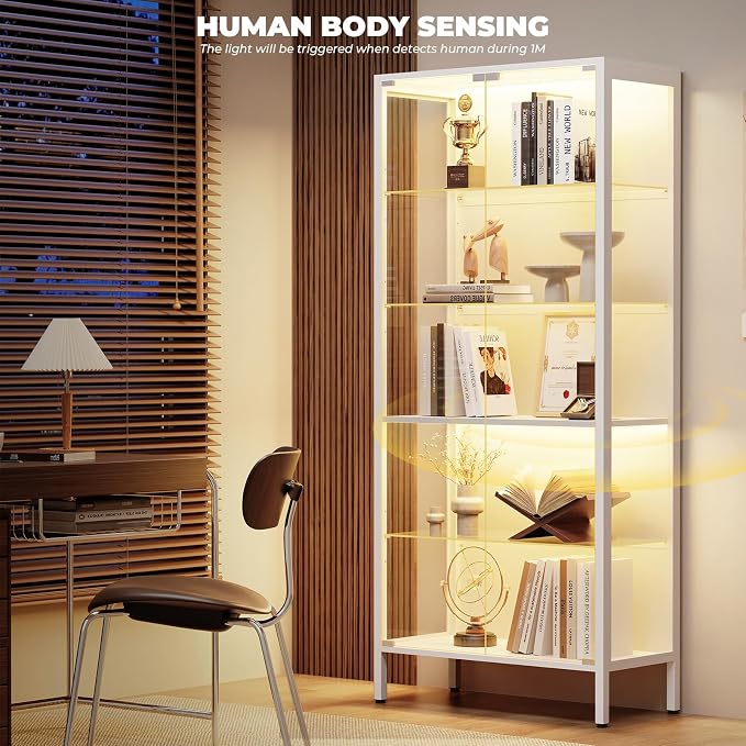 Glass Display Cabinet, 5-Tier Display Case with Adjustable Glass Shelves, Metal Curio Cabinet with 3 Color Lights for Collectibles, Bookcase with Human Body Sensor, White