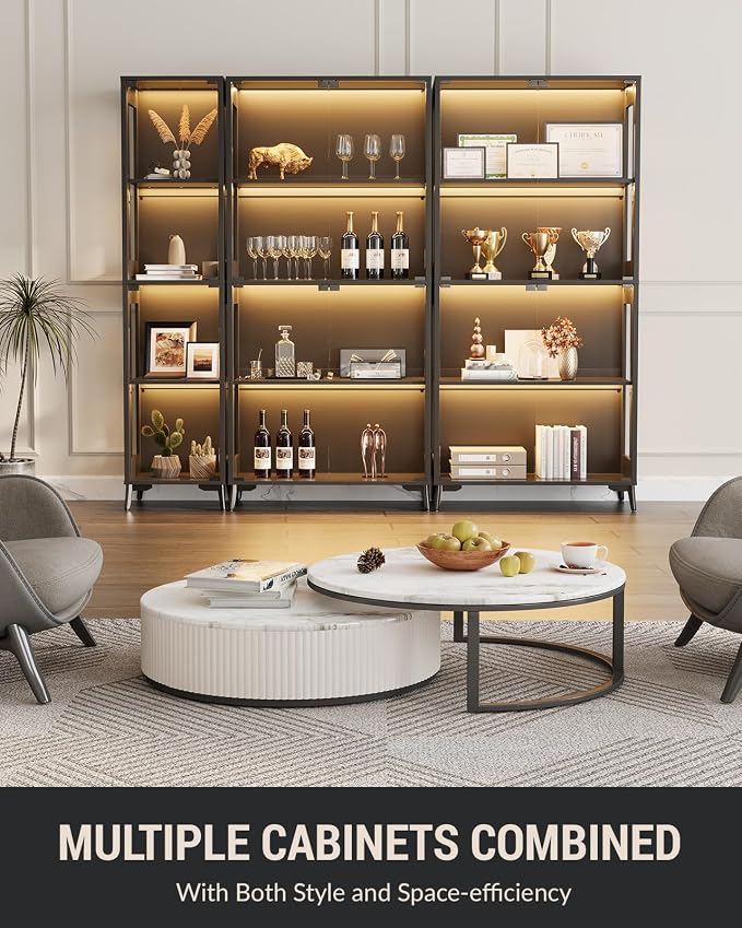Display Cabinet with Glass Doors, 4-Tier Curio Cabinet with Adjustable Shelves, Glass Display Case for Collectibles, 60000 Color LED Lights with App & Remote Control, Metal Base Storage Cabinet, Black