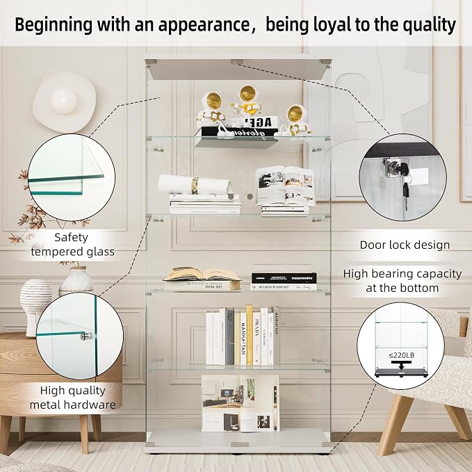 FLYMUHJIA Curio Cabinets with Tempered Glass Doors - 5-Shelf Double Door China Cabinet for Display and Collectibles - White