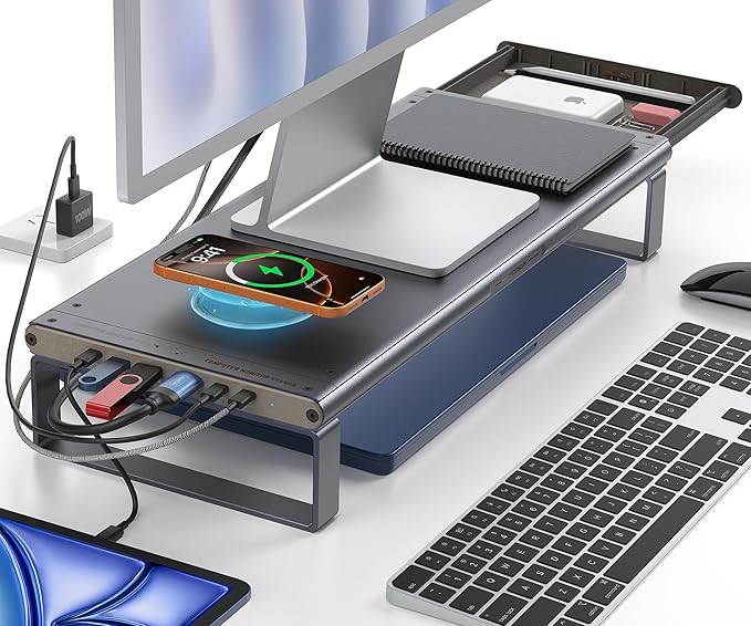YICOSUN Monitor Stand HUB - Aluminum Riser with 6-in-1 Docking Station: 4K HDMI, USB-C, USB 3.0, PD 100W, Wireless Charging, Drawer Organizer - Gray