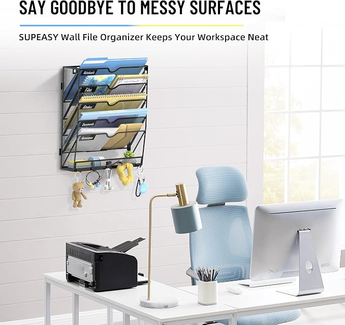 6-Tier Wall File Organizer with Hooks, Hanging File Organizer | Metal Mesh Mail Organizer, Wall Mounted File Organizer for Home, Classroom, Office Organization