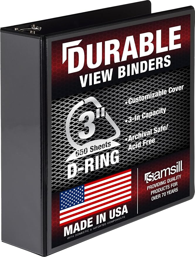 Samsill Durable 3 inch 3 Ring Binder, D Ring Binder, 100% Recycled Chipboard, Black