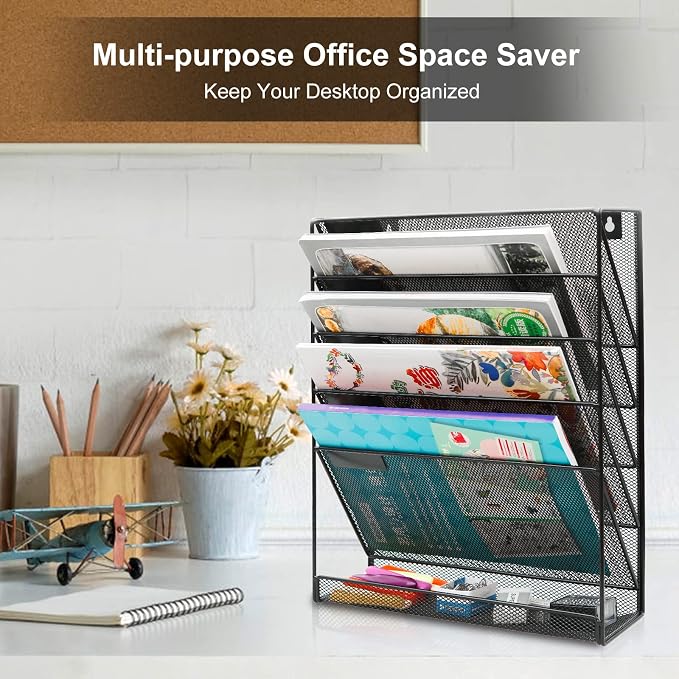 EasyPAG 5 Tier Wall File Holder, Mesh Hanging Folder Organizer with Classify Label, Versatile Desk File Holder, Vertical Wall Mounted Mail Organizer for Office Home Cubicle, Black