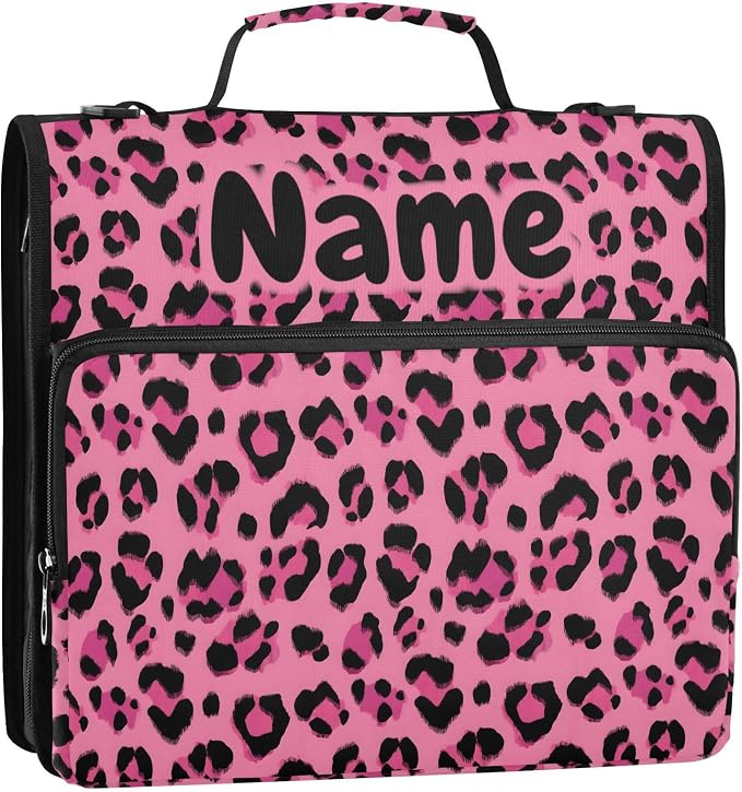 Custom Hot Pink Black Leopard Print 3 Ring Binder Bag 1.5 inch Personalized Name Binder Organizer 500 Sheet Documents Storage for School Office