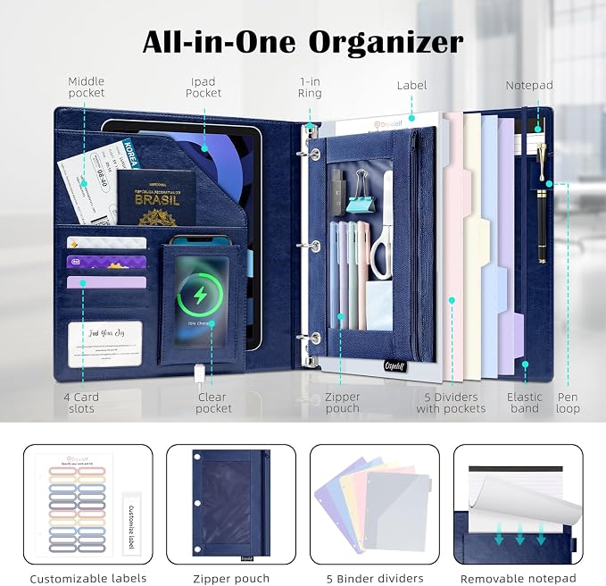 Ospelelf 3 Ring Clipboard Binder with Storage Pouch, 1 Inch Round Ring, Leather Magnetic Clipboard Folder with Notepad (11" x 8.5"), 5 Dividers with 10 Pockets, School Office Binder, Navy Blue