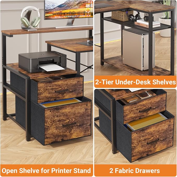 Aheaplus L Shaped Desk with File Drawer, Reversible L Shaped Computer Desk Gaming Desk with Power Outlet & LED Strip, Home Office Desk Corner Desk with Monitor Shelf, Storage Shelves, Rustic Brown