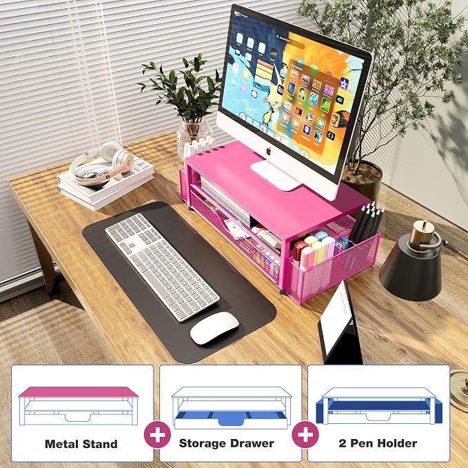Desk Organizers and Accessories, Computer Monitor Stand Riser with Drawer and 2 Pen Holders, Printer & Laptop Stand, Office Desk Accessories & Workspace Organizers for Home Office Supplies, Carmine Rose