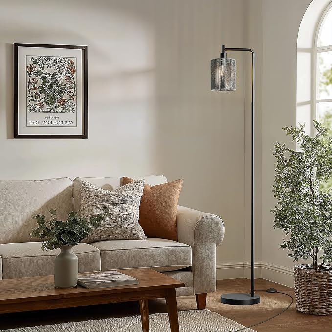 66" Black Floor Lamp for Living Room, Boho Floor Lamp with LED Bulb, Foot Switch, Gray Rattan Shade, Industrial Tall Farmhouse Standing Lamp for Bedroom, Dining Room, Study Room, Office