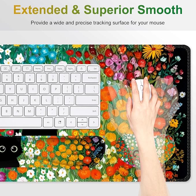 Large Gaming Mouse Pad Set, 4 in1 Ergonomics Keyboard Desk Mat w/Memory Foam Wrist Rest, Computer Extended Game Mousepad, Non-Slip Desk Matt Easy Typing Pain Relief I Multicolored Flower Cat