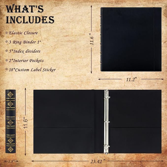 Ospelelf Vintage Leather 3 Ring Binder 1 Inch, Hardback D Ring Binder with Pockets and 5 Tab Dividers, Book Style Document Organizer Fits Letter Size Paper for Home and Office Black