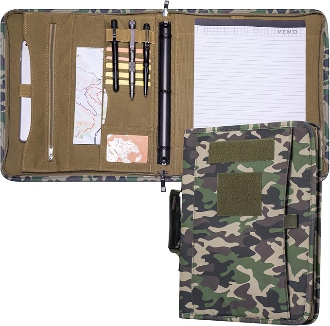 Kosibate Tactical Padfolio Portfolio Binder with Zipper and 25 Sheets of Letter Size Paper,Tactical Notebook Cover with Zippered for Folders,Detachable 3-Ring Binder(Camouflage,A4,13.5X 11.5Inch)