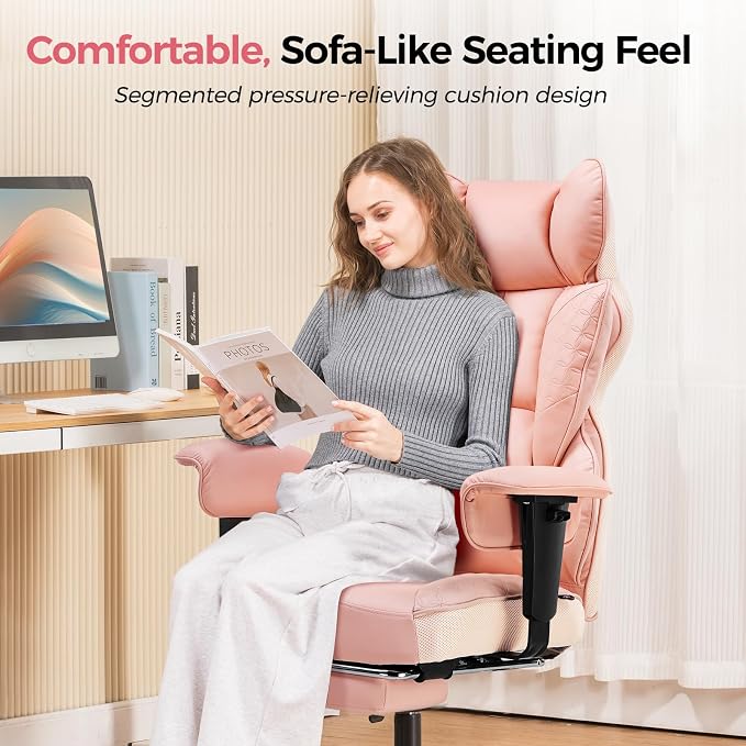 COMHOMA Big and Tall Office Chair Heavy Duty Wide Ergonomic Gaming Chair with Deluxe Embossing Designed Leather with Foot Rest,150°Reclining Adjustable Armrests Pocket Spring Back Support and Pillow