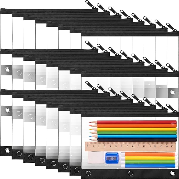 24 Pack Pencil Pouches for 3 Ring Binder Bulk Enlarge Clear Window Pencil Pouches Zipper Pen Case 3 Reinforced Grommet Pen Bag for Binder Utensil Organize Office Supplies(Black)