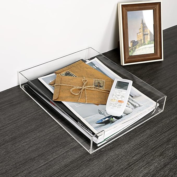 BTSKY 1 Pack Multipurpose A4 File Tray Clear Acrylic Desk Tray Organizer Elegant Letter Size Desk Documents Trays Magazine Files Storage Basket Organizer Bin for Office Cosmetics Bathroom