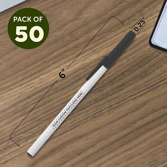 DISCOUNT PROMOS Custom Value Stick Pens Set of 50, Personalized Bulk Pack - Blue Ink, Great for Office, School, Business, Tradeshows, Events - Black Cap