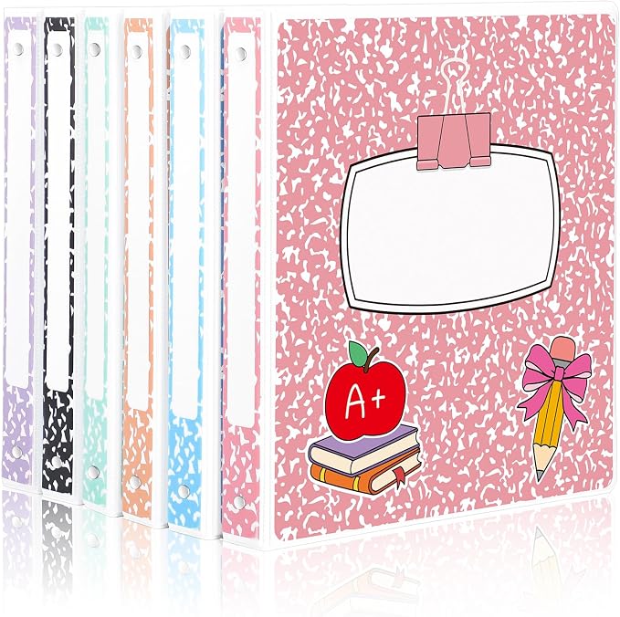 Marspark 6 Pack 3 Ring Binders 1.5 Inch Composition Notebook Pastel Color School Binder Set with Clear View Cover Fits 8.5'' x 11'' Letter Size Paper for School Office Home, 350 Sheet Capacity