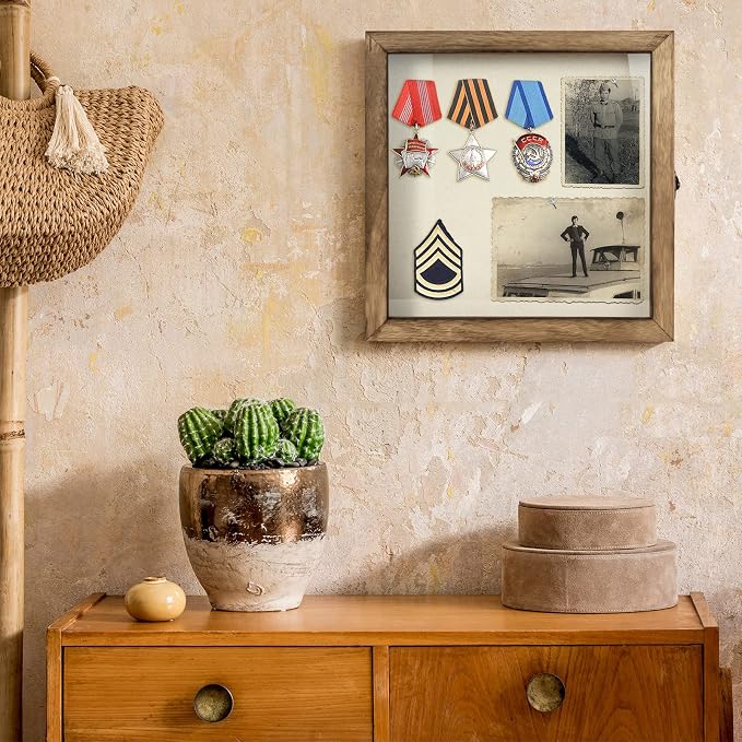 TJ.MOREE Shadow Box 12x12 Memory Display Case Wood Picture Frame Carbonized | Fits 10.6x10.6 Inserts with Linen Back & Glass, Rustic Keepsake Box for Pet Memorabilia Gifts Wedding Bouquet Military Medals