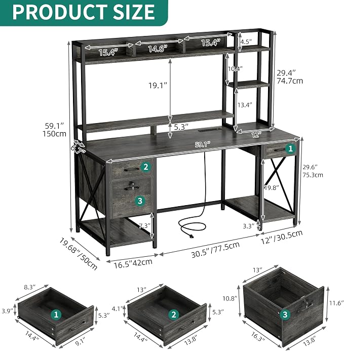 YITAHOME 59" Computer Desk with Hutch, Drawers, Power & LED, Gaming, Grey | Hutch & Drawers, Built-in Power Outlets, LED Lights, Storage Shelves, for Home Office Gaming, Easy Assembly