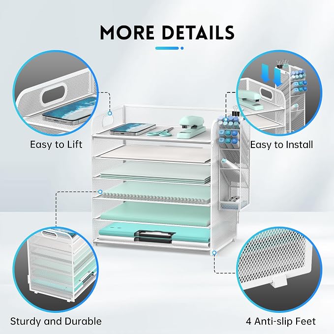 6 Tier Desk Organizer with 4 Pen Holders & Mesh Paper Trays White | 6 Tiers Paper Organizer, File Organizer Letter Tray with Handle for A4 Files, Folders, Mail and Office Supplies