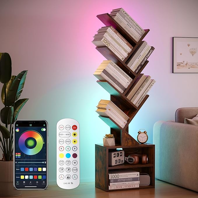 SUNMORY 6 Tier Tree Bookshelf with Lights, Bookcase with Storage Organizer | Dimmable LED Corner Bookshelf, Small Book Case, Narrow Floor Standing Book Shelf for Living Room, Bedroom & Home Office