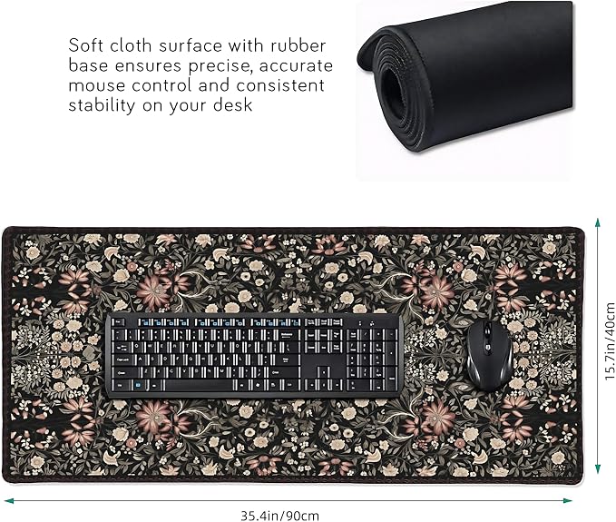 Floral Aesthetic Wildflower Gaming Mouse Pad, Black Rug Desk Mat with Anti-Slip Base & Stitched Edges,35.4" x 15.7" in Desk Accessories for Women, Home Office Decor & Artistic Gift