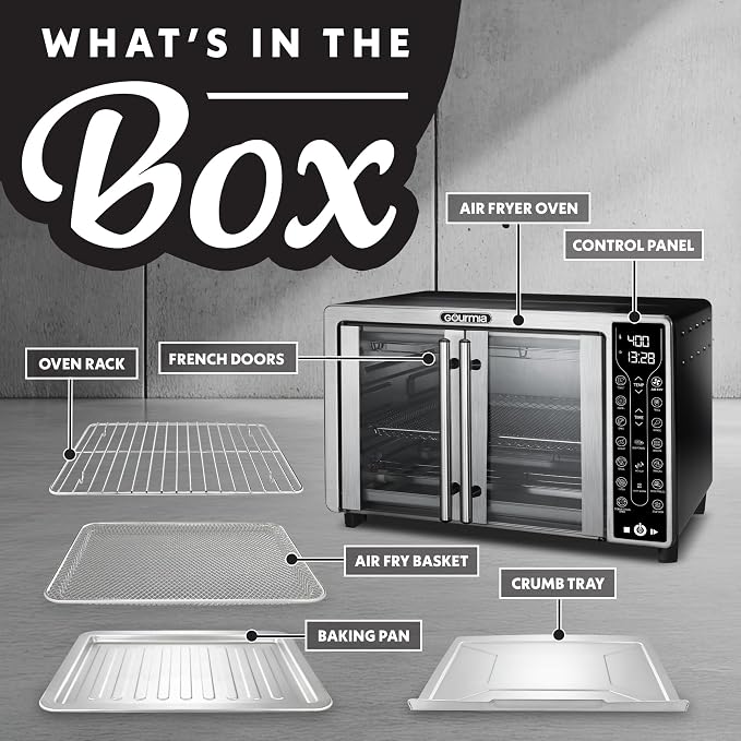 Gourmia French Door Air Fryer Toaster Oven – 6-Slice Capacity, FryForce 360°, Digital Display with 17 Cooking Presets, Stainless Steel