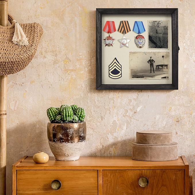 TJ.MOREE Shadow Box 12 x 12 Display Case Wood Picture Frame Memory Black | Fits 10.6x10.6 Inserts with Linen Back & Glass, Rustic Keepsake Box for Pet Memorabilia Gifts Wedding Bouquet Military Medals