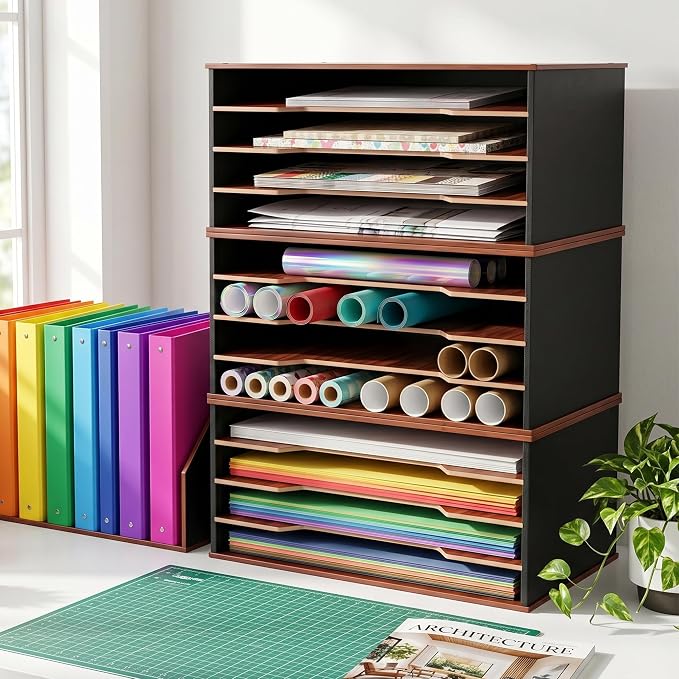 12x18 Construction Paper Organizer, 4-Tier Wooden Flat File for 11x17, A3 & Tabloid Sheets | Durable wood Desk Paper Storage for Classroom, Office & Art Studio