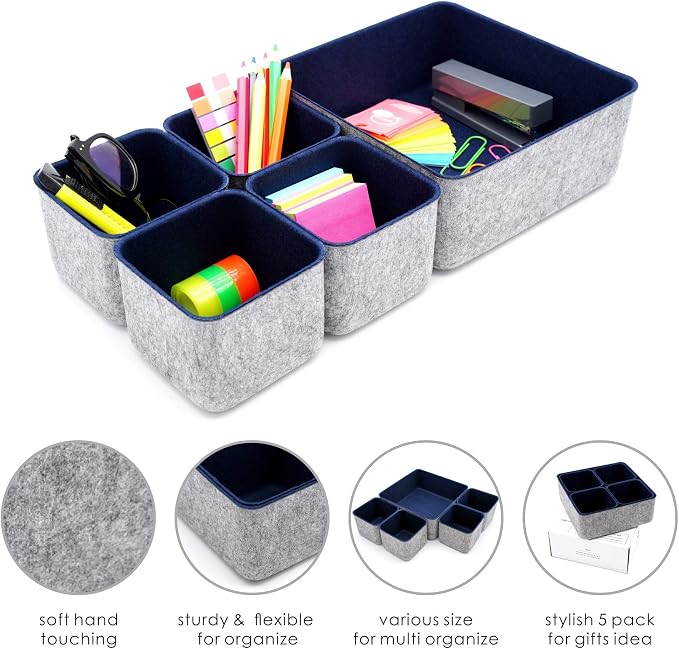 Desk Drawer Organizers Storage bins Set Home Office Pen holder pencil phone stand Remote controler Closet Cabinet boxes Organizing 5-piece gifts ideas (Navy)