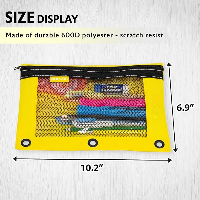 BAZIC PRODUCTS Bright Color 3-Ring Pencil Pouch with Mesh Window, 144-Case | clear mesh window and a zipper closure for pens, pencils, supplies